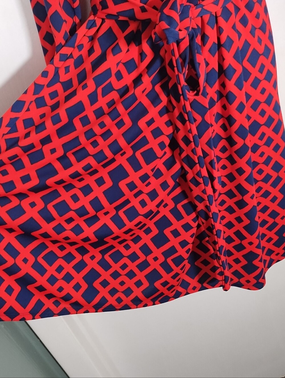 Liz Claiborne Dress Women's L Coral Blue Geometric Print Belted Faux Wrap - Picture 8 of 12